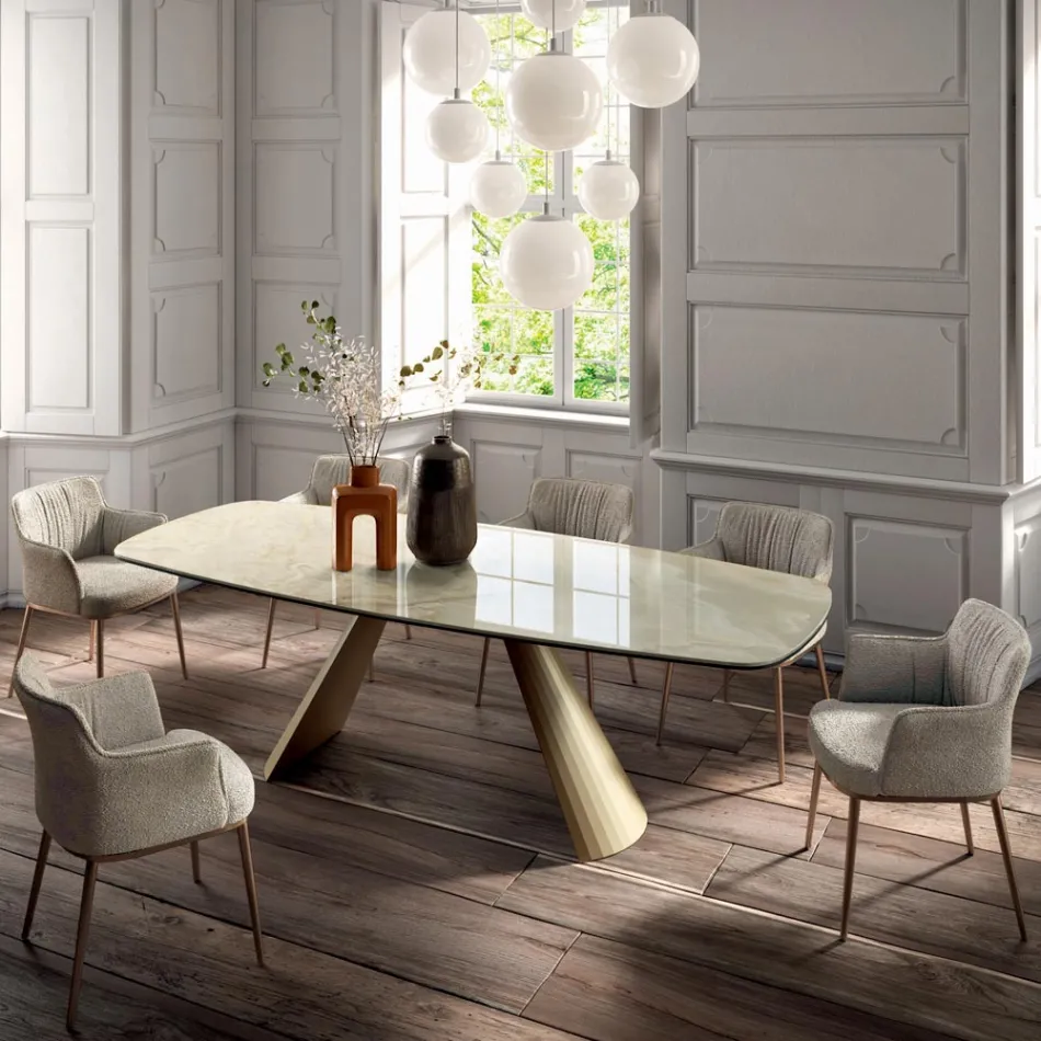 Tavolo da Soggiorno Fisso con Piano a Botte in Ceramica Made in Italy - Occhiali Viadurini