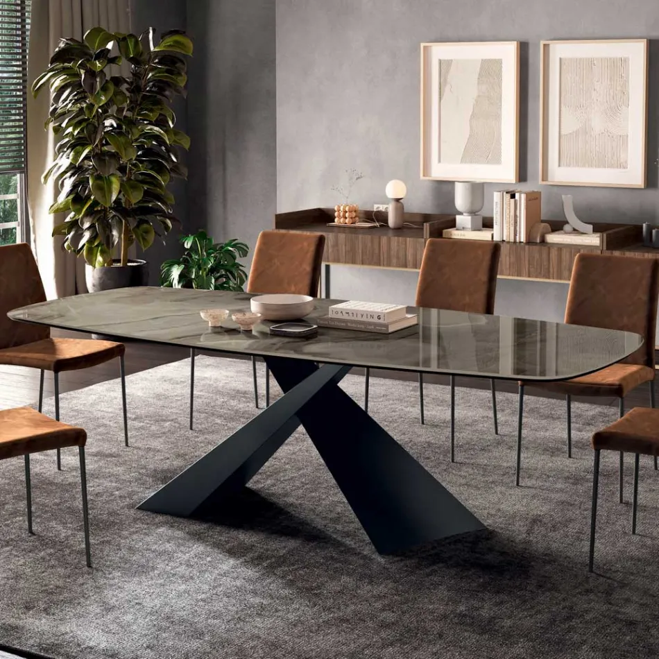 Tavolo da Soggiorno Fisso con Piano in Ceramica Realizzato in Italia - Ferie Viadurini