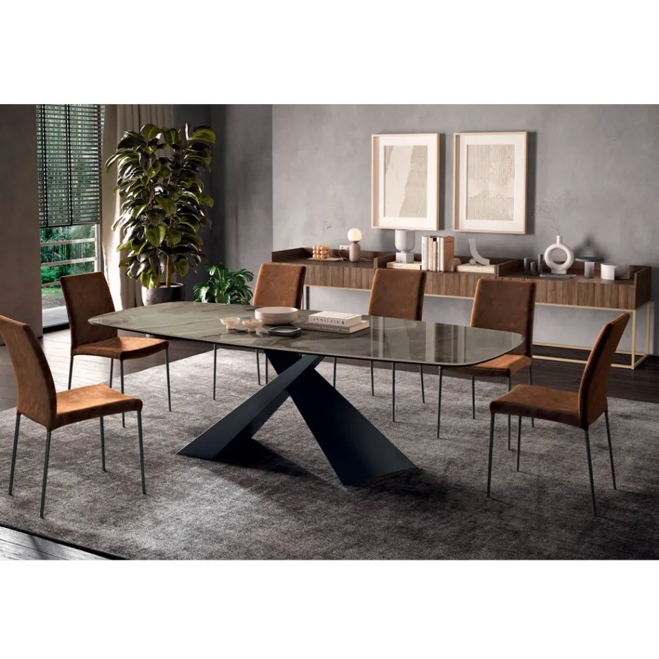 Tavolo da Soggiorno Fisso con Piano in Ceramica Realizzato in Italia - Ferie Viadurini