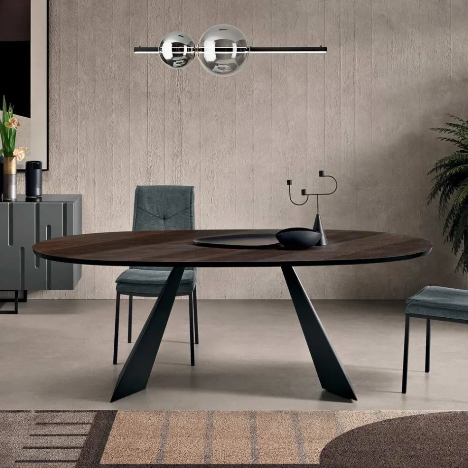 Tavolo Fisso 210x109 cm in Metallo e Rovere Impiallacciato Ovale - Marcello Viadurini
