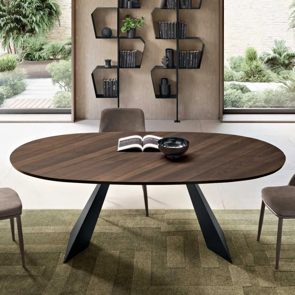Tavolo Fisso 210x109 cm in Metallo e Rovere Impiallacciato Ovale - Marcello Viadurini