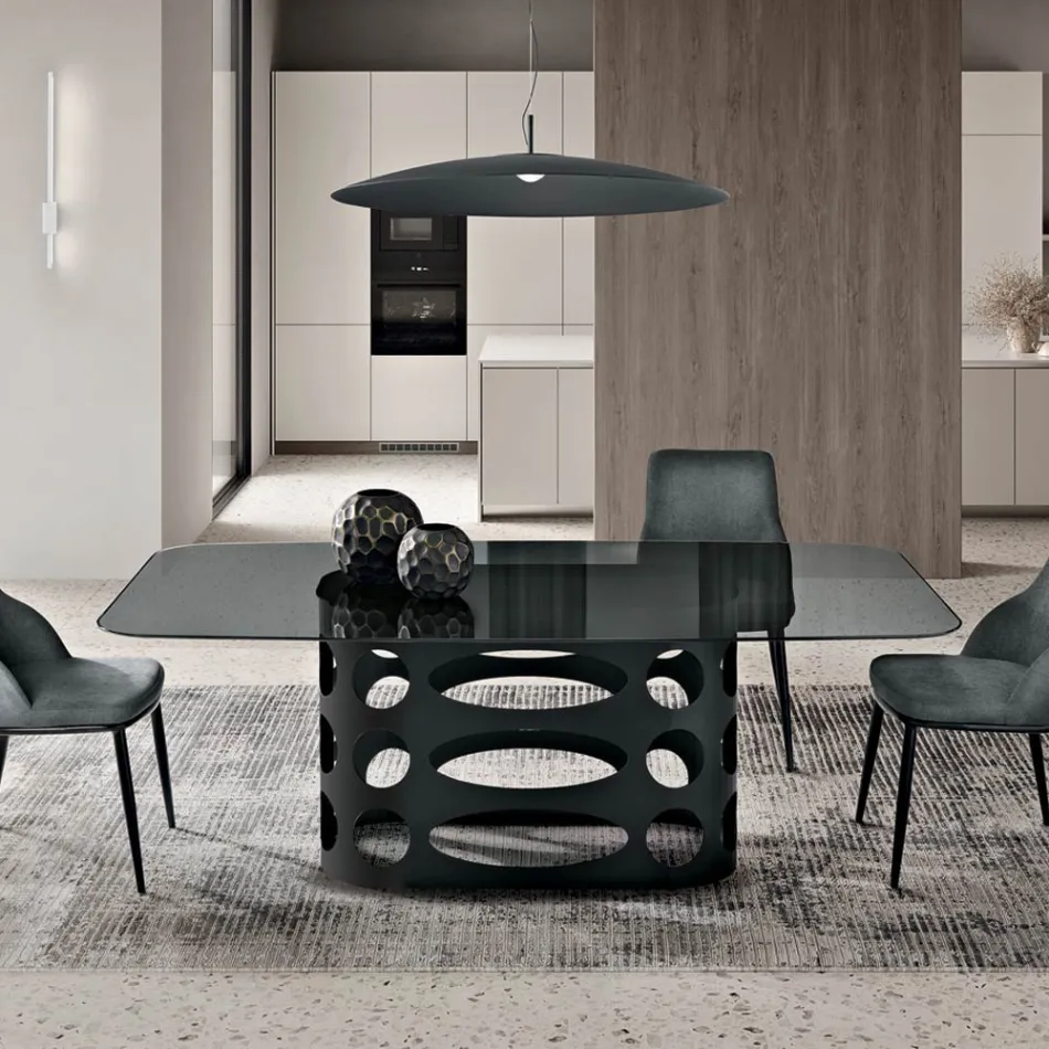 Tavolo Fisso 210x110 cm con Piano in Vetro Liscio Fumè Made in Italy - Tano Viadurini