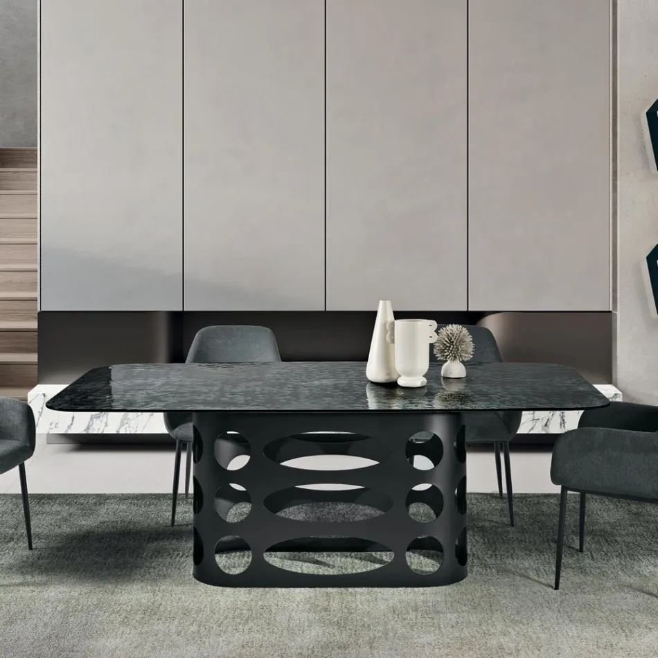 Tavolo Fisso 210x110 cm con Piano in Vetro Martellato Made in Italy - Tano Viadurini