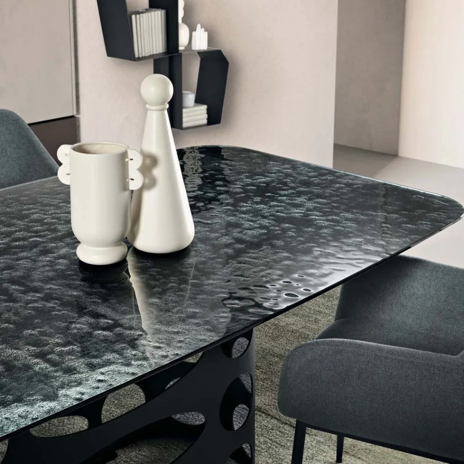 Tavolo Fisso 210x110 cm con Piano in Vetro Martellato Made in Italy - Tano Viadurini