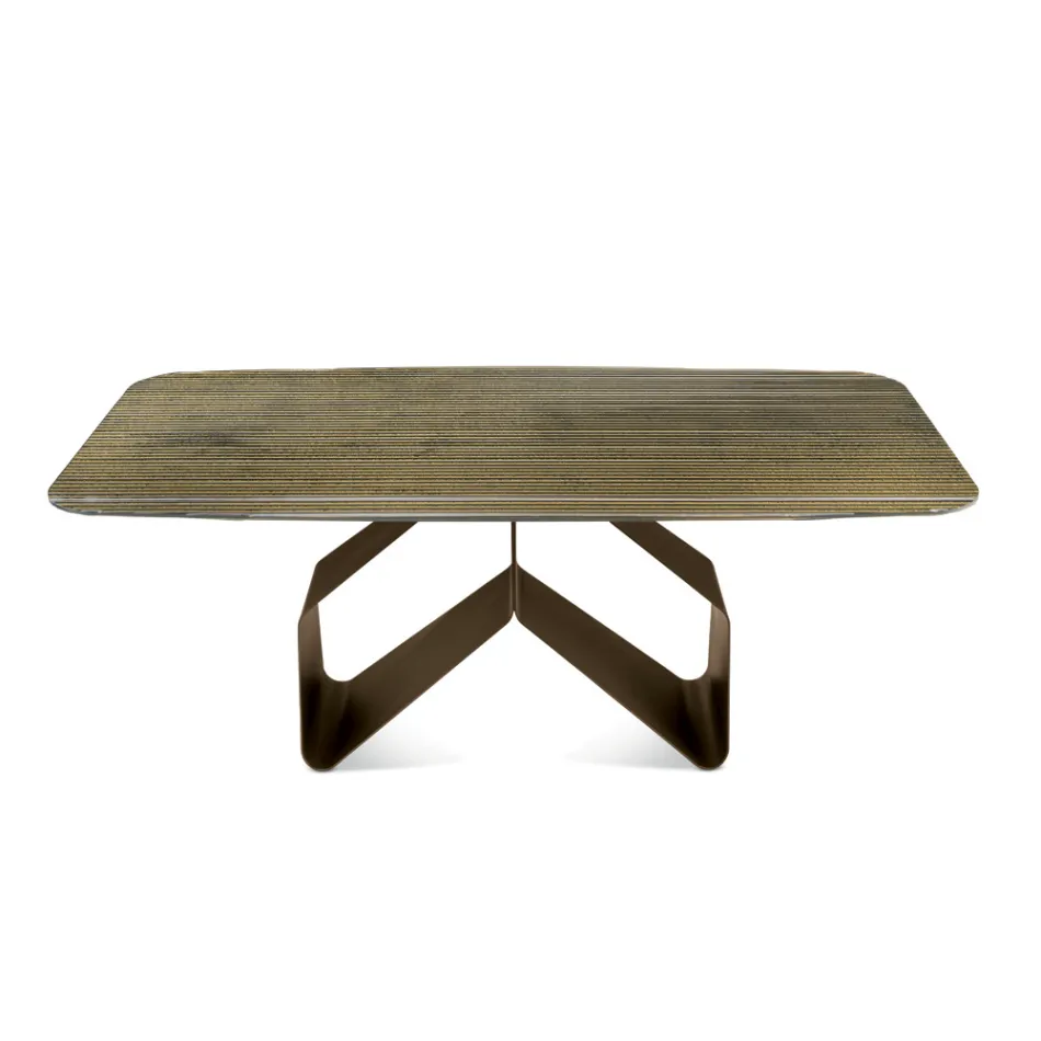 Tavolo Fisso 210x110 cm con Piano in Vetro Rigato e Base in Metallo - Adriano Viadurini