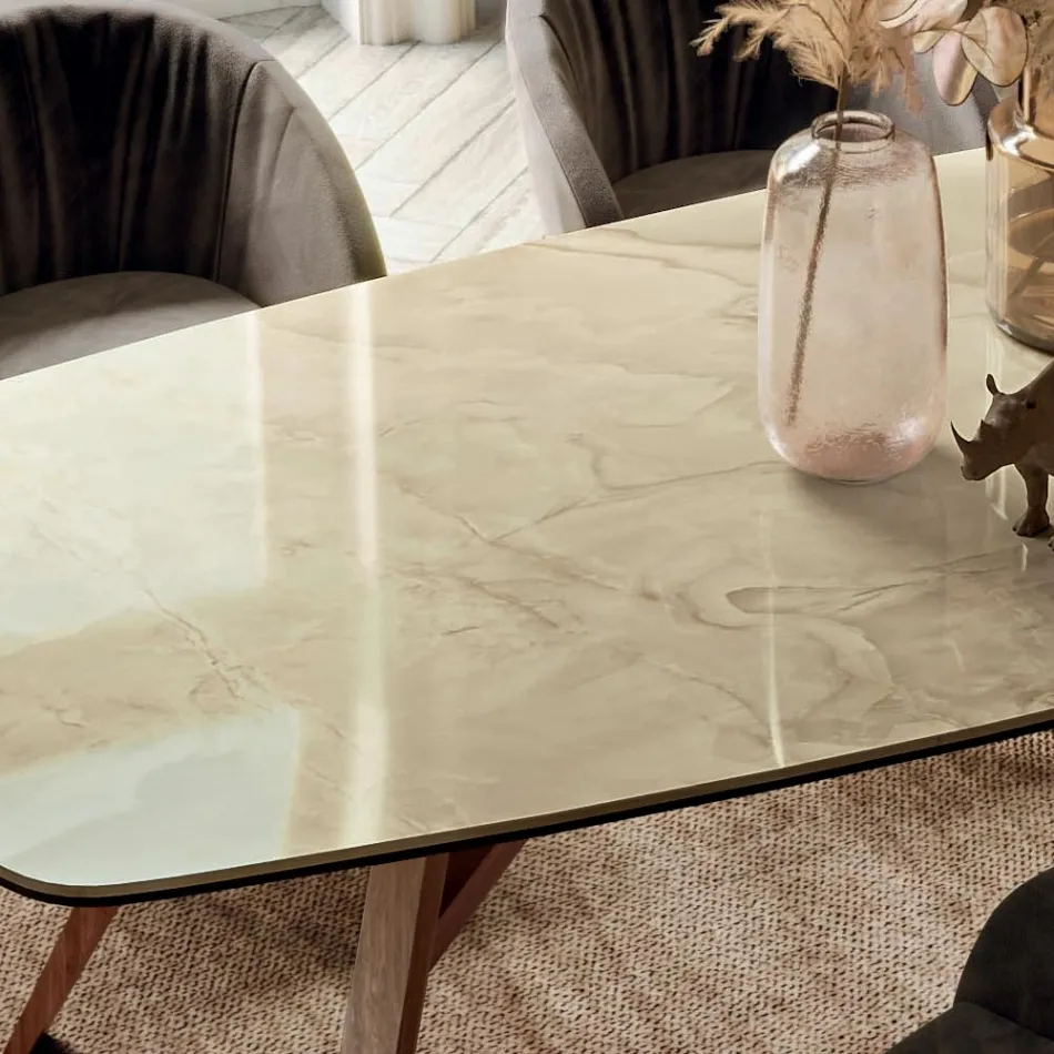 Tavolo Fisso a Botte con Base in Frassino Tinta Noce Canaletto Made in Italy - Nord  Viadurini