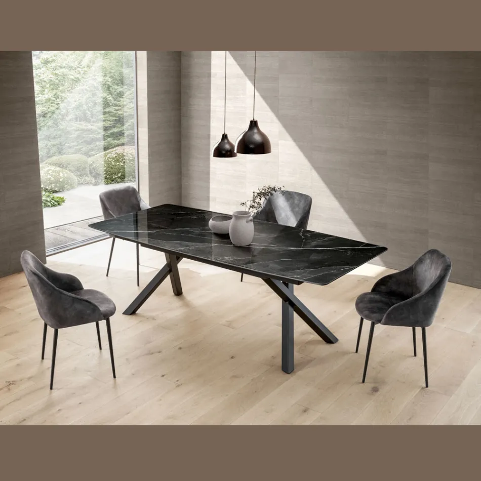 Tavolo Fisso a Botte in Laminam Calacatta Black Lucido - Dialogo Viadurini