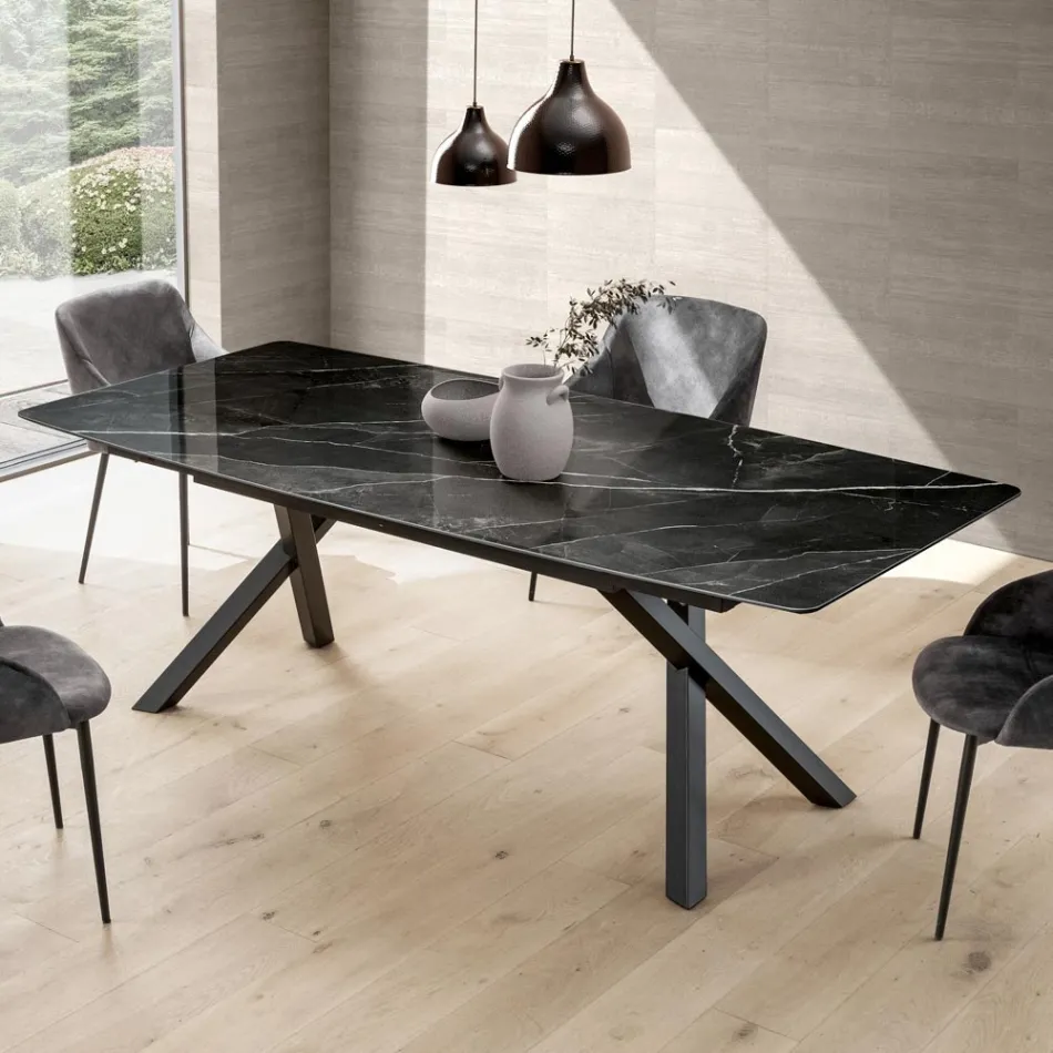Tavolo Fisso a Botte in Laminam Calacatta Black Lucido - Dialogo Viadurini