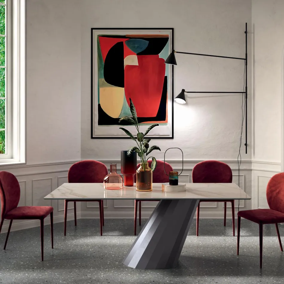 Tavolo Fisso con Base in Acciaio e Piano in Ceramica Made in Italy - Pantaloni Viadurini