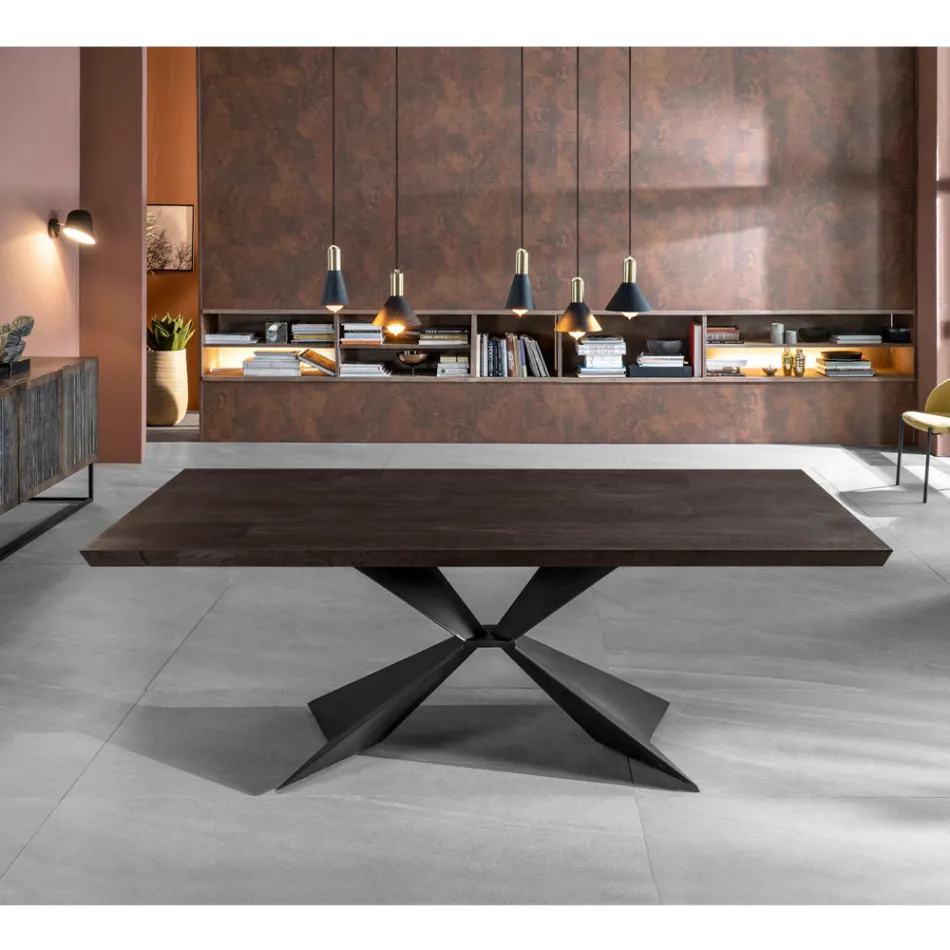 Tavolo Fisso con Base in Metallo e Piano in Rovere Impiallacciato - Marina Viadurini