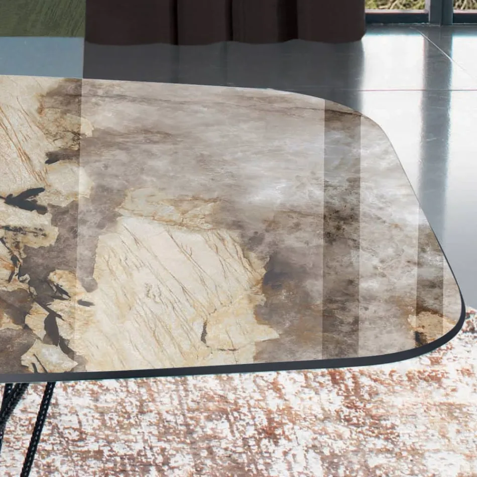 Tavolo Fisso con Piano in Ceramica a Botte e Base in Acciaio Made in Italy - Ezzellino  Viadurini