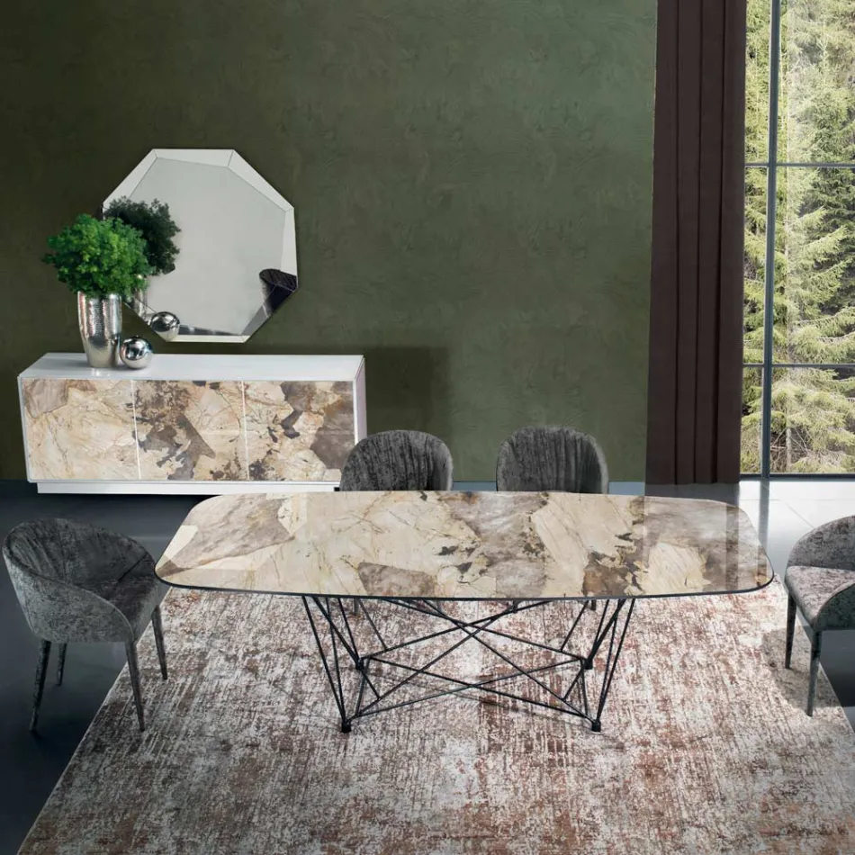 Tavolo Fisso con Piano in Ceramica a Botte e Base in Acciaio Made in Italy - Ezzellino  Viadurini