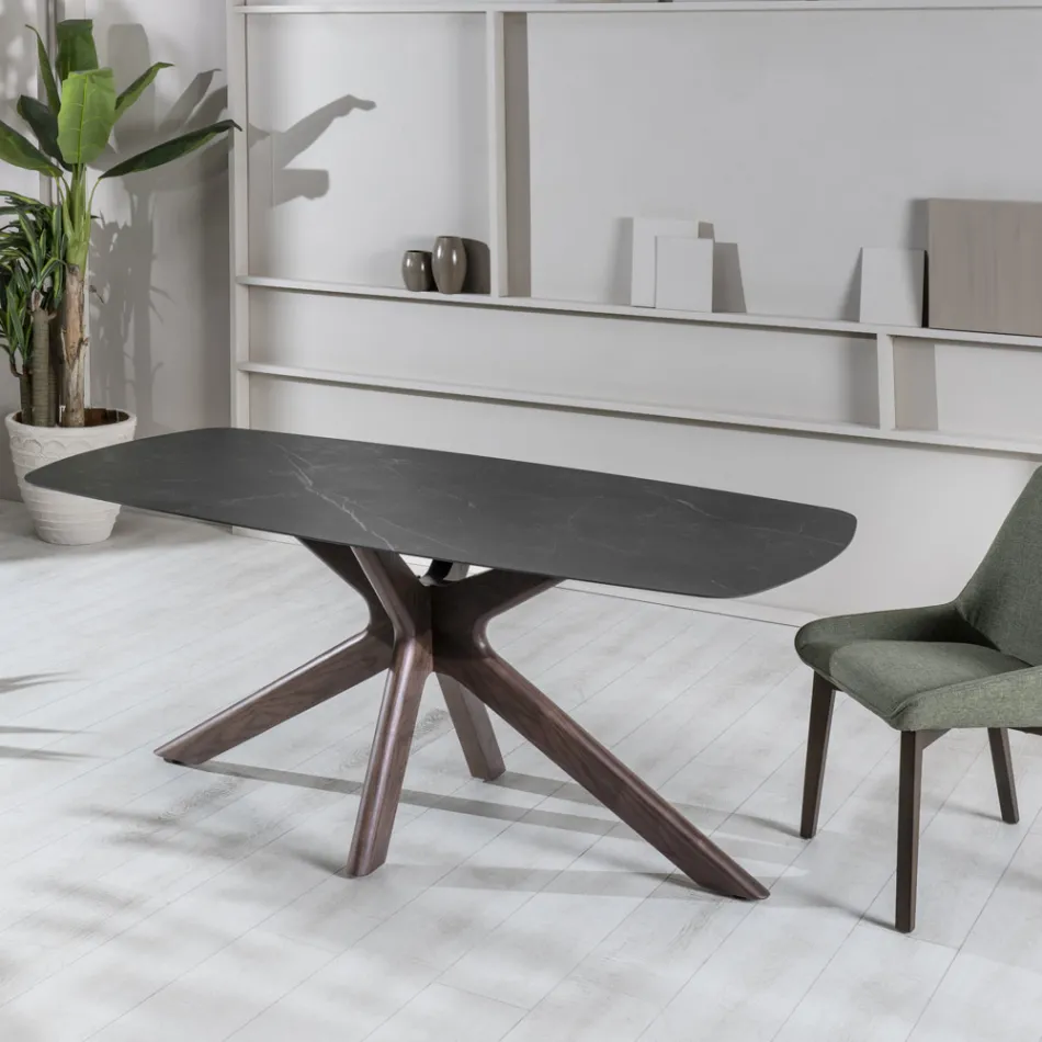 Tavolo Fisso con Piano in Ceramica e Base in Legno Massello di Noce - Arancio Viadurini