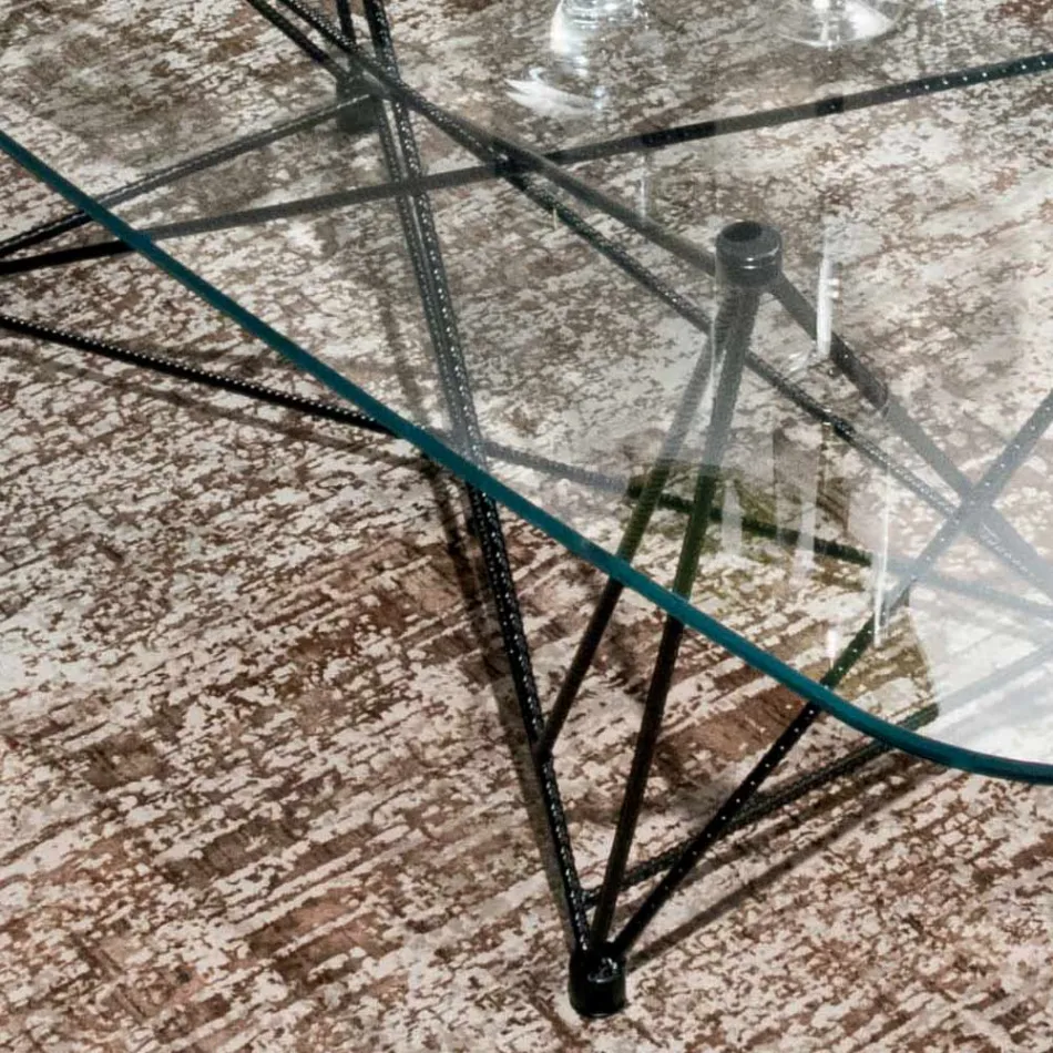 Tavolo Fisso con Piano in Vetro a Botte e Base in Acciaio Made in Italy - Ezzellino  Viadurini