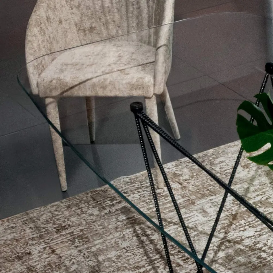 Tavolo Fisso con Piano in Vetro a Botte e Base in Acciaio Made in Italy - Ezzellino  Viadurini