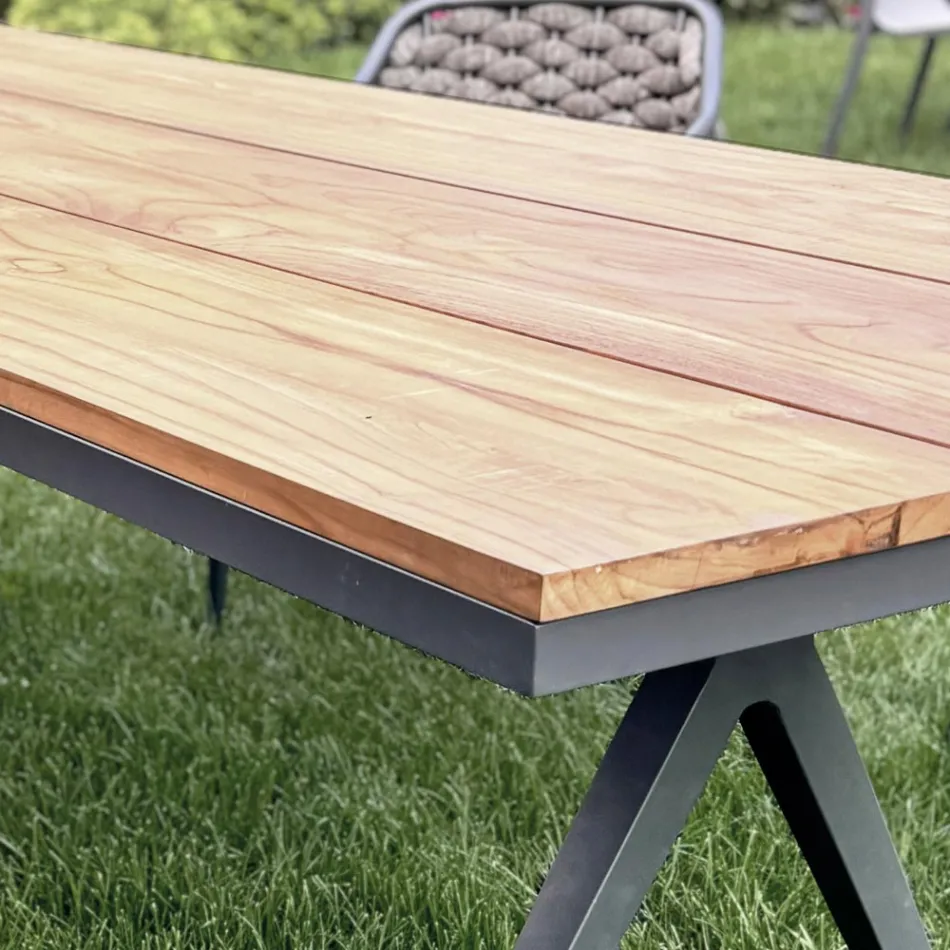 Tavolo Fisso da Esterno 220x100 cm in Alluminio e Teak Massello - Nara Viadurini