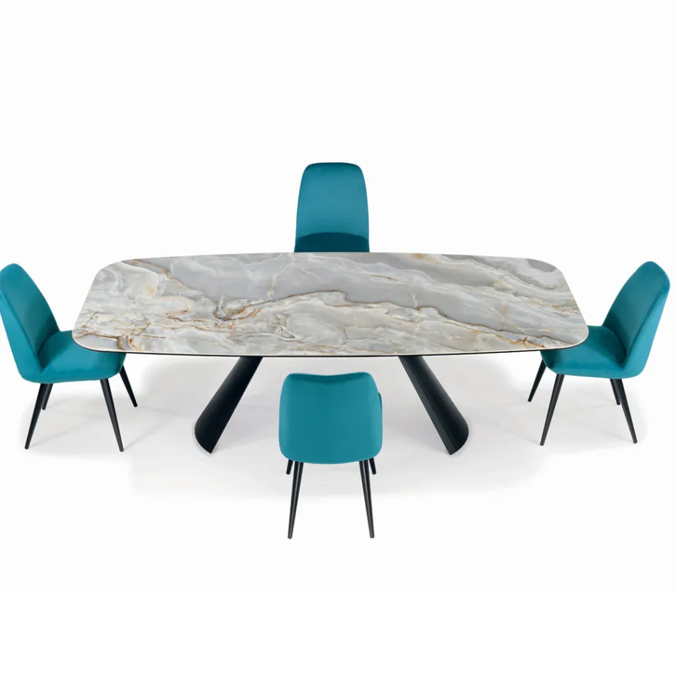 Tavolo Fisso in Ceramica e Base in Acciaio Verniciato Nero Made in Italy - Occhiali Viadurini