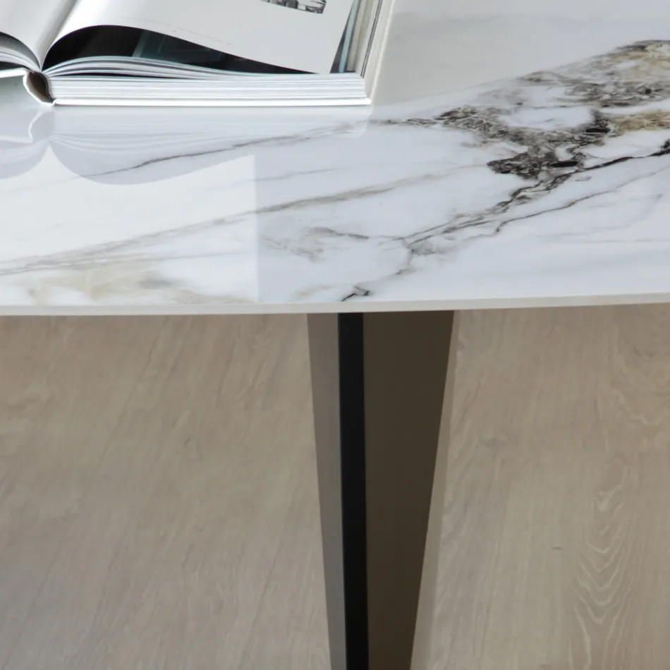 Tavolo Fisso in Metallo e Piano in Ceramica Arabesque Lucido - Eronte Viadurini