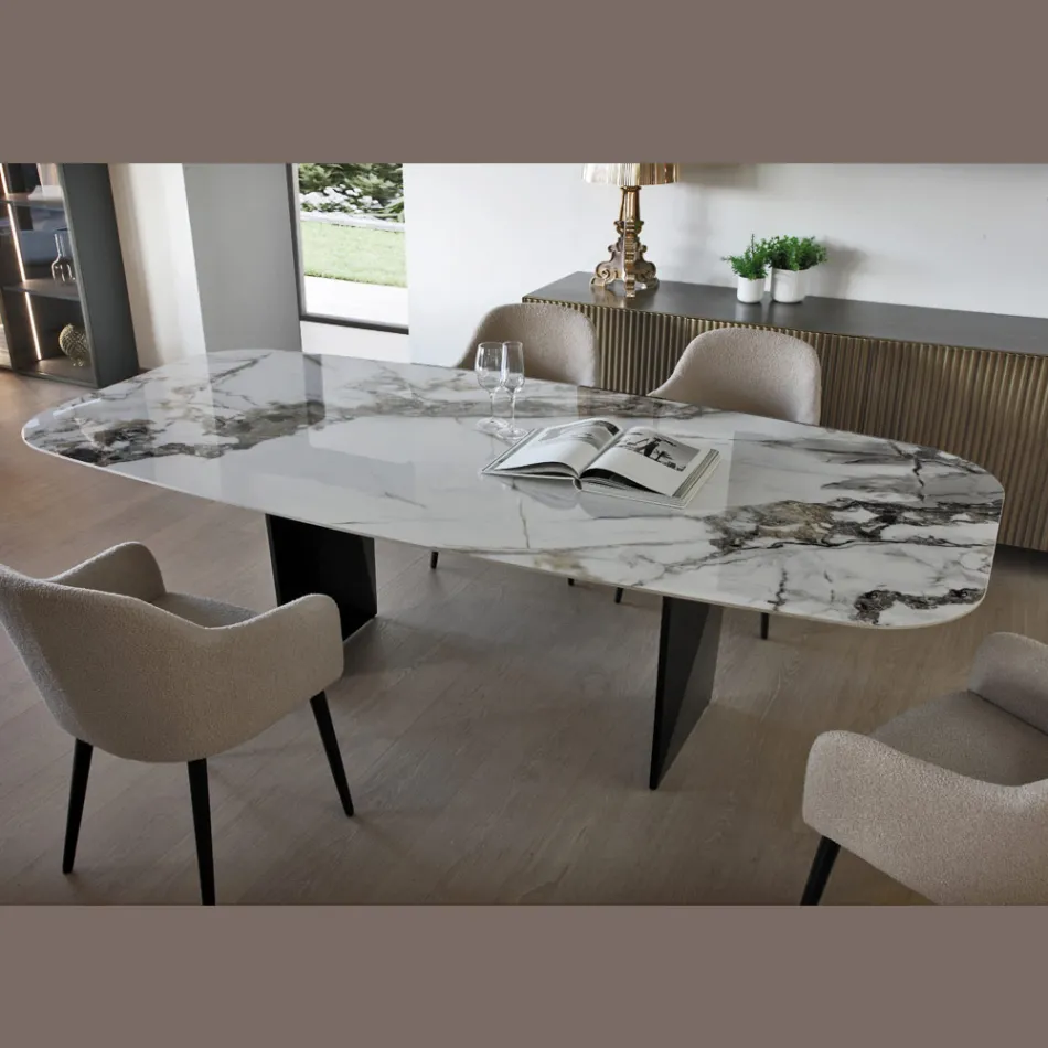 Tavolo Fisso in Metallo e Piano in Ceramica Arabesque Lucido - Eronte Viadurini