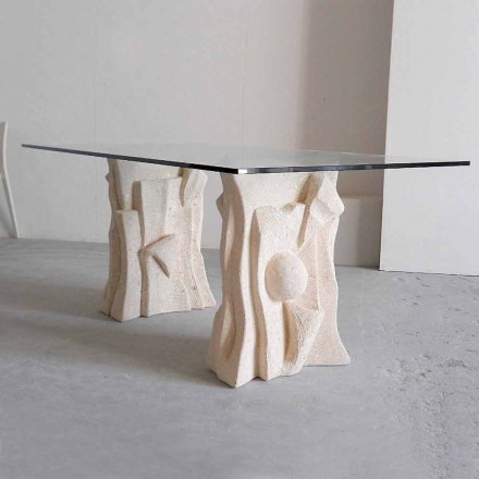 Tavolo in pietra con piano in cristallo di design moderno Priamo Viadurini