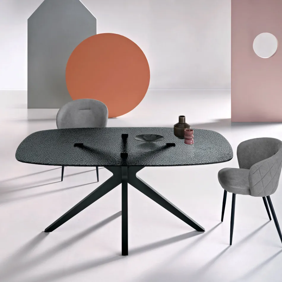 Tavolo Ovale 180x100 cm in Vetro Martellato Fumè e Metallo - Domus Viadurini