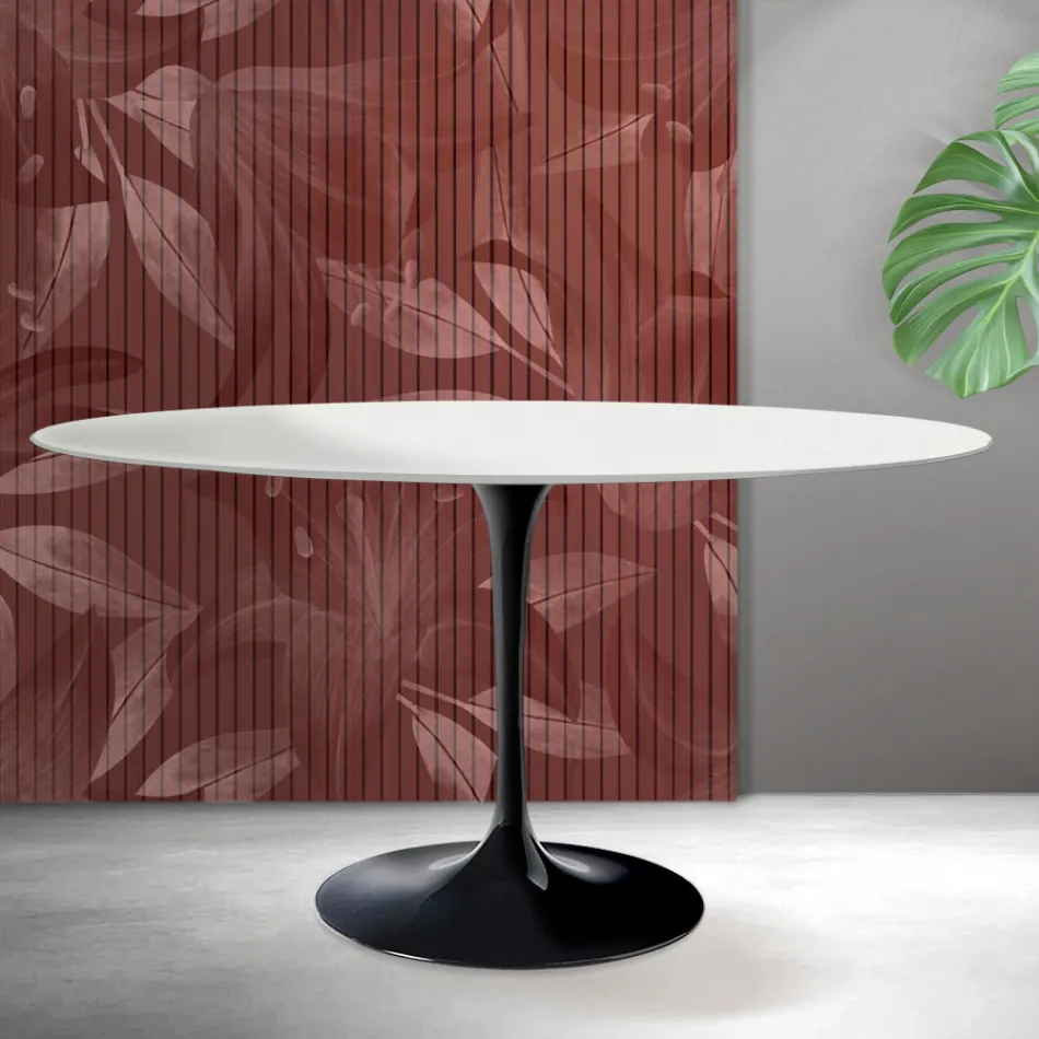 Tavolo Ovale Tulip Saarinen H 74 cm in Ceramica Florim Bianca Opaca - Scarlet Viadurini