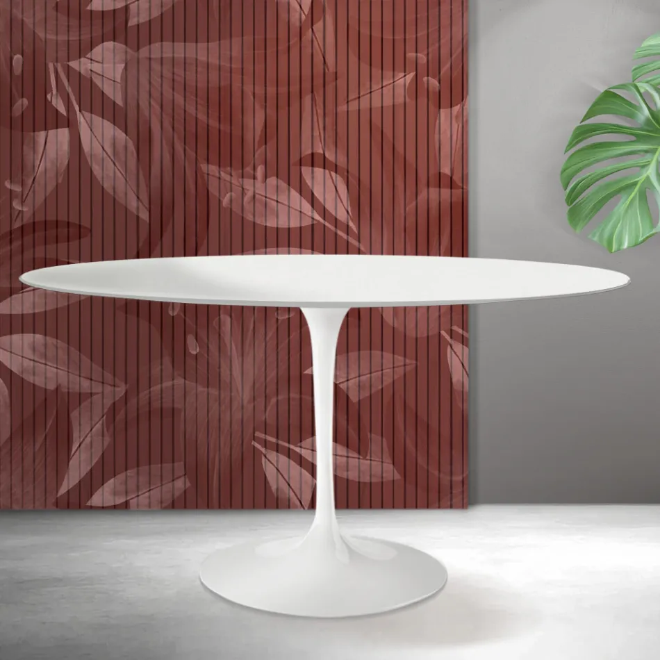 Tavolo Ovale Tulip Saarinen H 74 cm in Ceramica Florim Bianca Opaca - Scarlet Viadurini