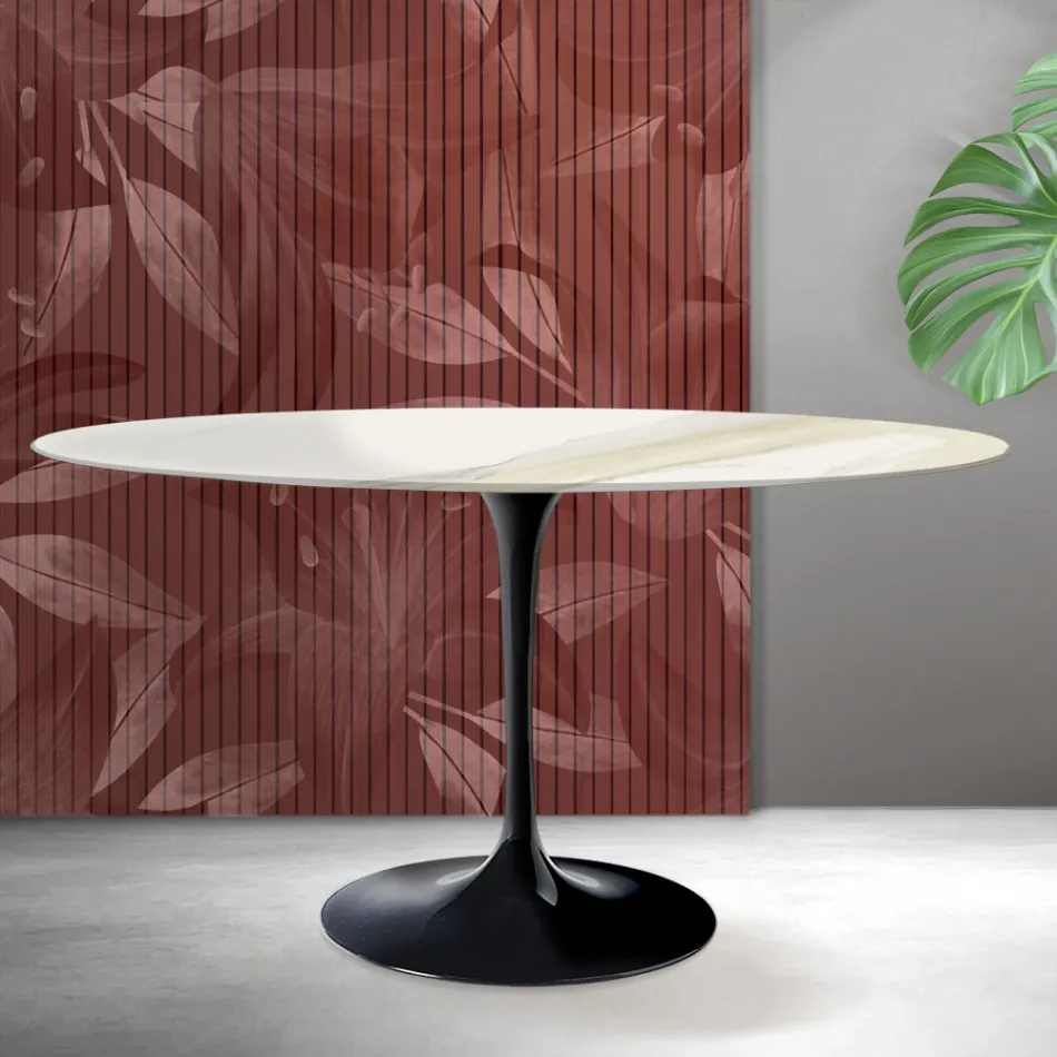 Tavolo Ovale Tulip Saarinen H 74 cm in Ceramica Florim Calacatta Gold Opaco - Scarlet Viadurini