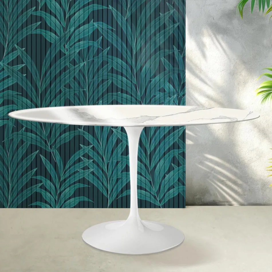 Tavolo Ovale Tulip Saarinen H 74 cm in Ceramica Florim Statuario Lucido - Scarlet Viadurini