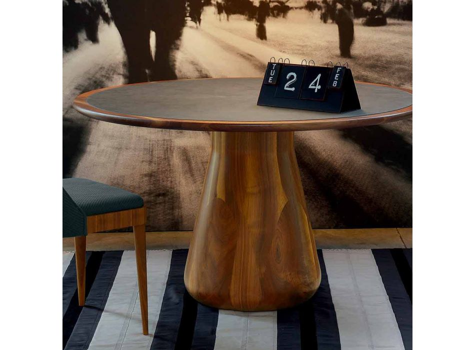 Tavolo rotondo con piano in legno massello di noce naturale, Carlo Viadurini