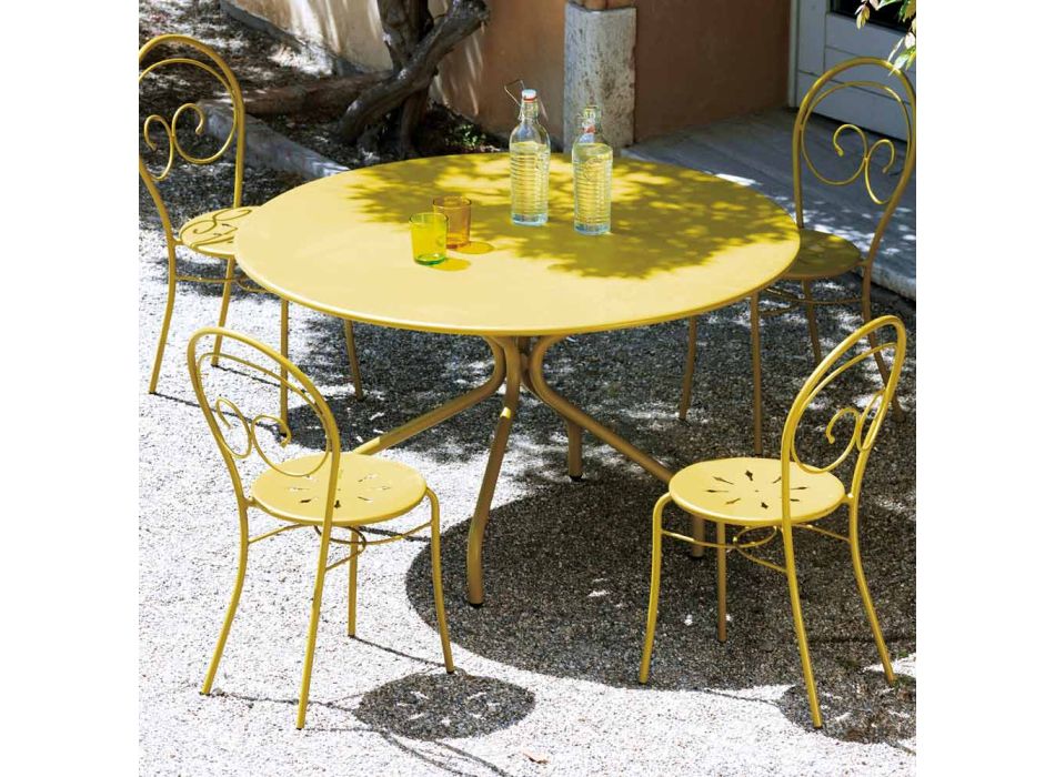 Tavolo Rotondo Da Esterno 100 Cm - Struttura Acciaio Bianco, Piano In Vetro Temperato Effetto Martellato, Per Giardino E Terrazza