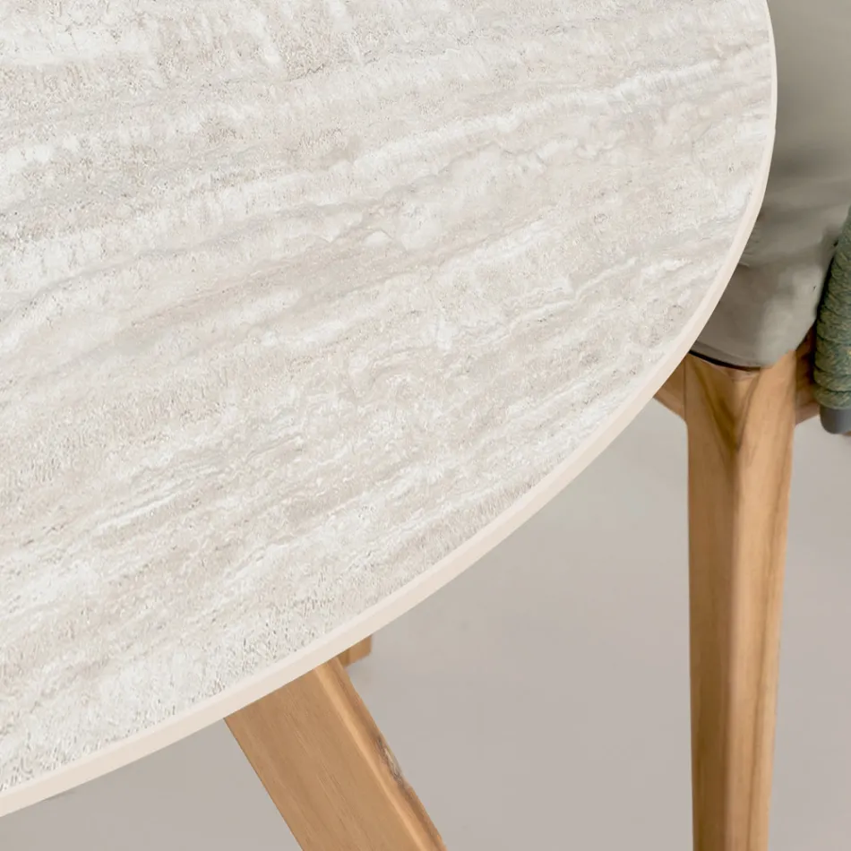 Tavolo Rotondo da Esterno in Ceramica Travertino Chiaro Made in Italy - Pegaso Viadurini