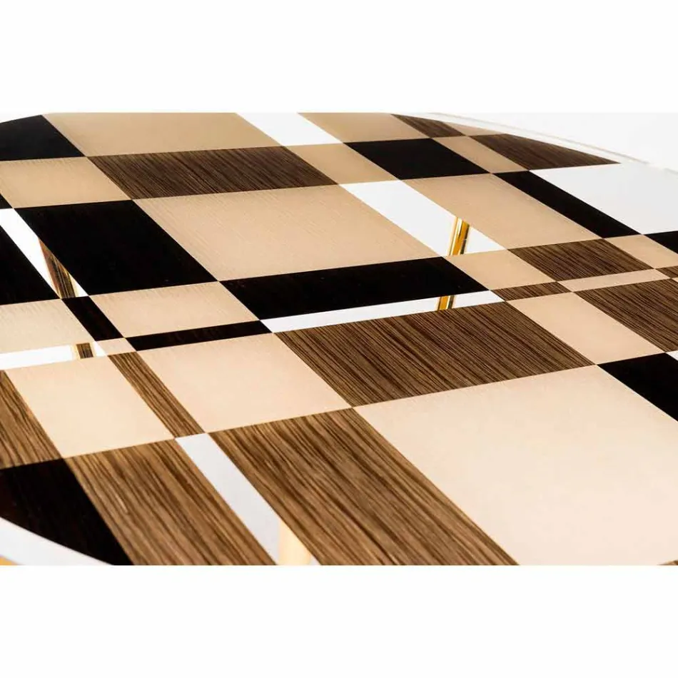 Tavolo rotondo modeno con piano in vetro e intarsi di legno Ozzy Viadurini