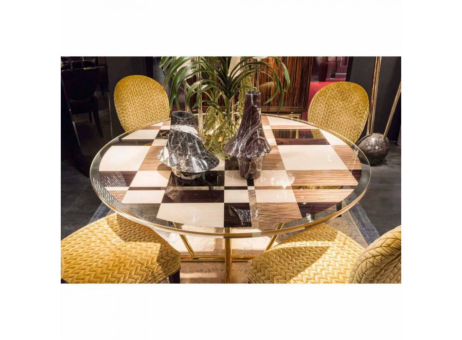 Tavolo rotondo modeno con piano in vetro e intarsi di legno Ozzy Viadurini