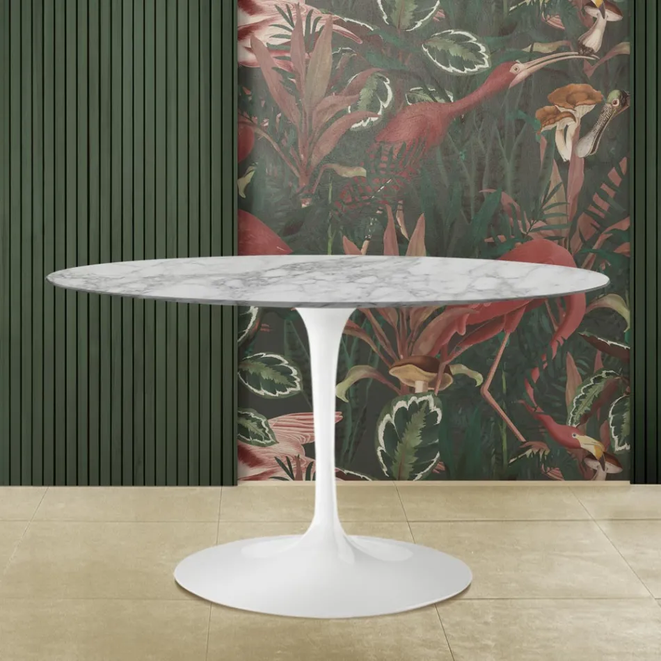 Tavolo Tulip Eero Saarinen H 73 con Piano Ovale in Marmo Arabescato Made in Italy - Scarlet Viadurini