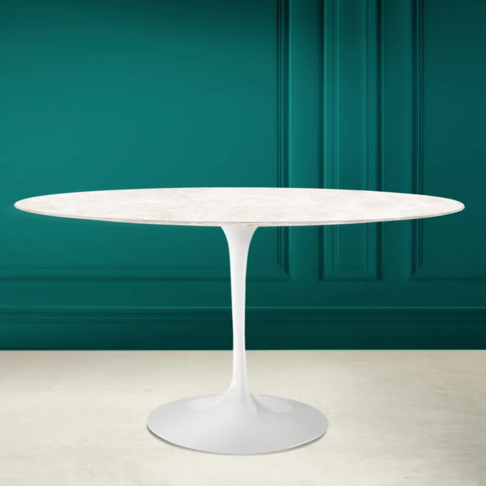 Tavolo Tulip Eero Saarinen H 73 Ovale in Ceramica Diamond Cream Made in Italy - Scarlet Viadurini