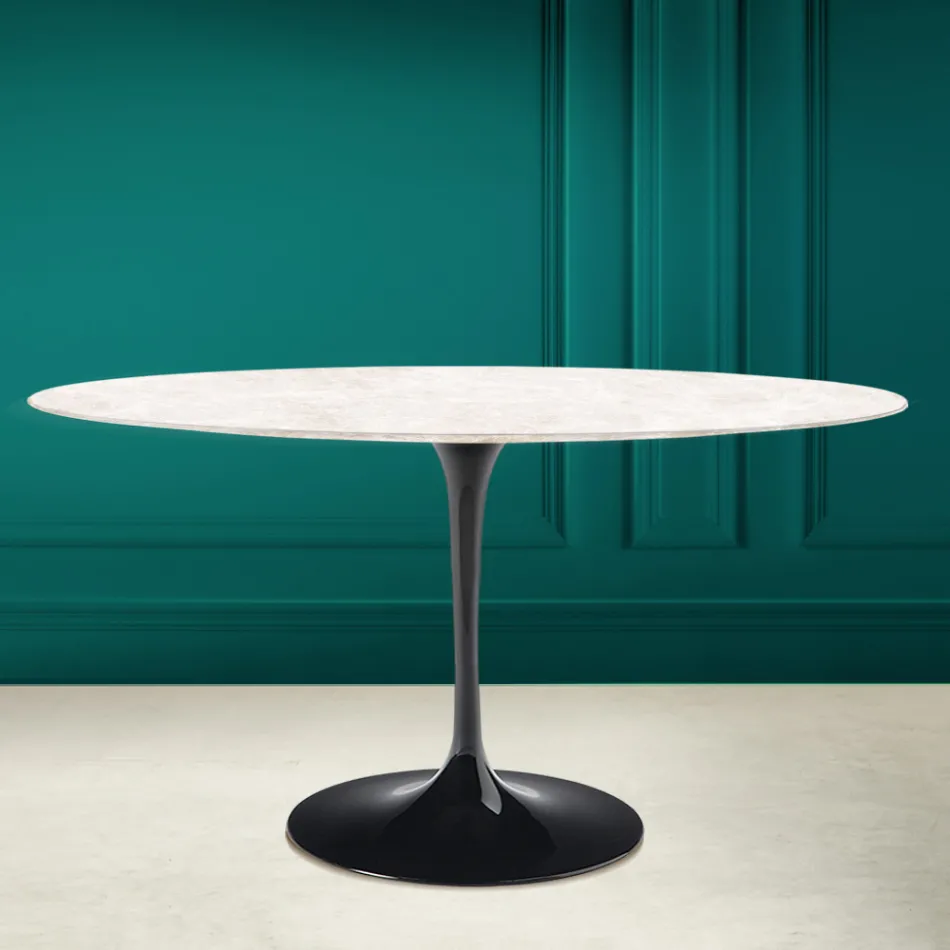 Tavolo Tulip Eero Saarinen H 73 Ovale in Ceramica Diamond Cream Made in Italy - Scarlet Viadurini