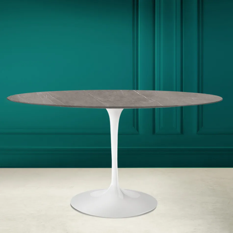 Tavolo Tulip Eero Saarinen H 73 Ovale in Ceramica Pietra Grey Made in Italy - Scarlet Viadurini