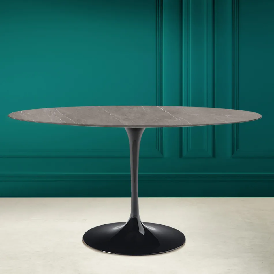 Tavolo Tulip Eero Saarinen H 73 Ovale in Ceramica Pietra Grey Made in Italy - Scarlet Viadurini
