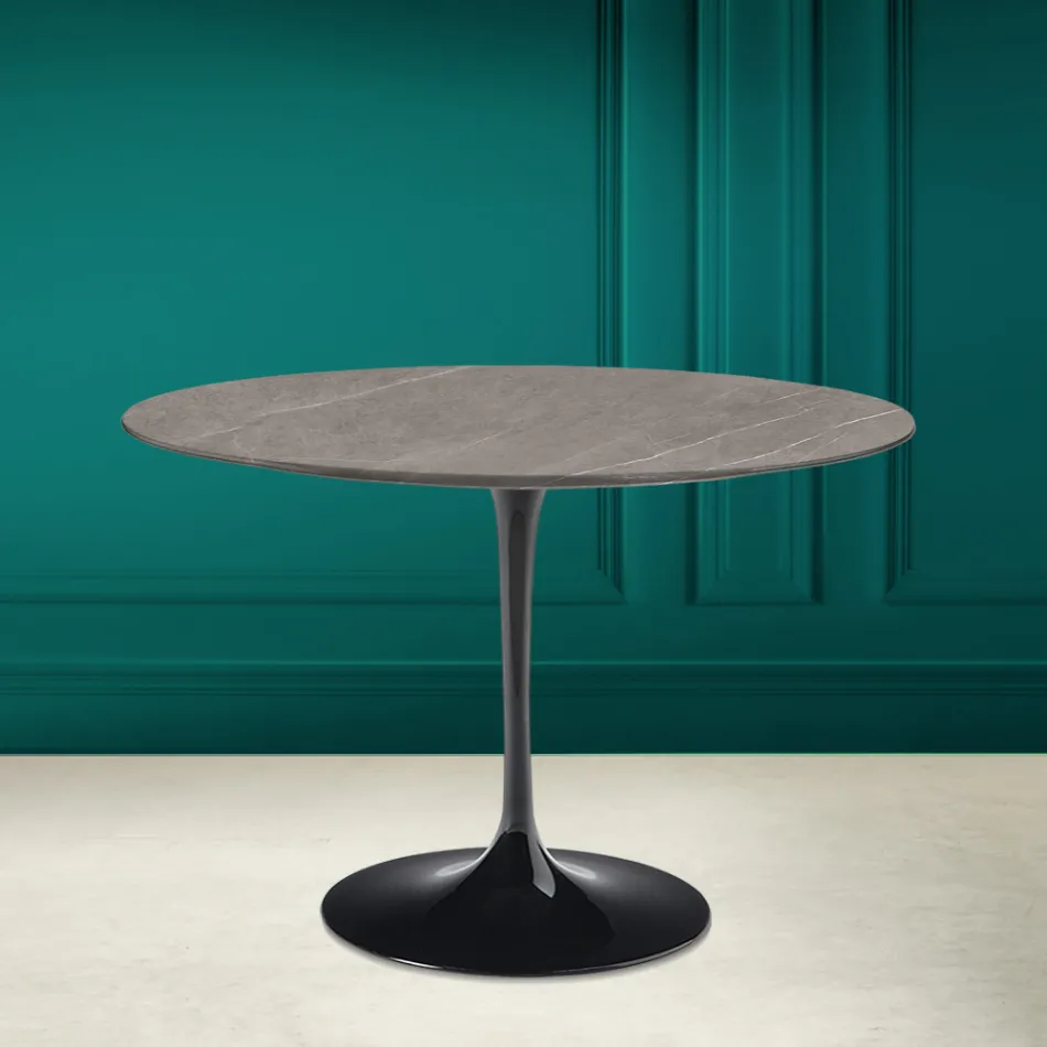Tavolo Tulip Eero Saarinen H 73 Rotondo in Ceramica Pietra Grey Made in Italy - Scarlet Viadurini