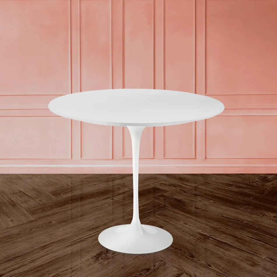 Tavolo Tulip Eero Saarinen H 73 Rotondo in Laminato Liquido Bianco Made in Italy - Scarlet Viadurini