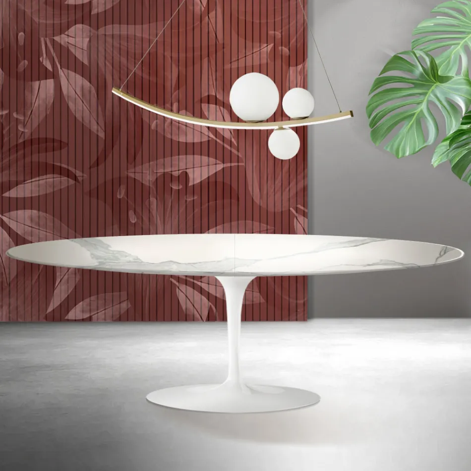 Tavolo Tulip Saarinen H 74 cm Allungabile in Ceramica Florim Statuario Opaco - Scarlet Viadurini