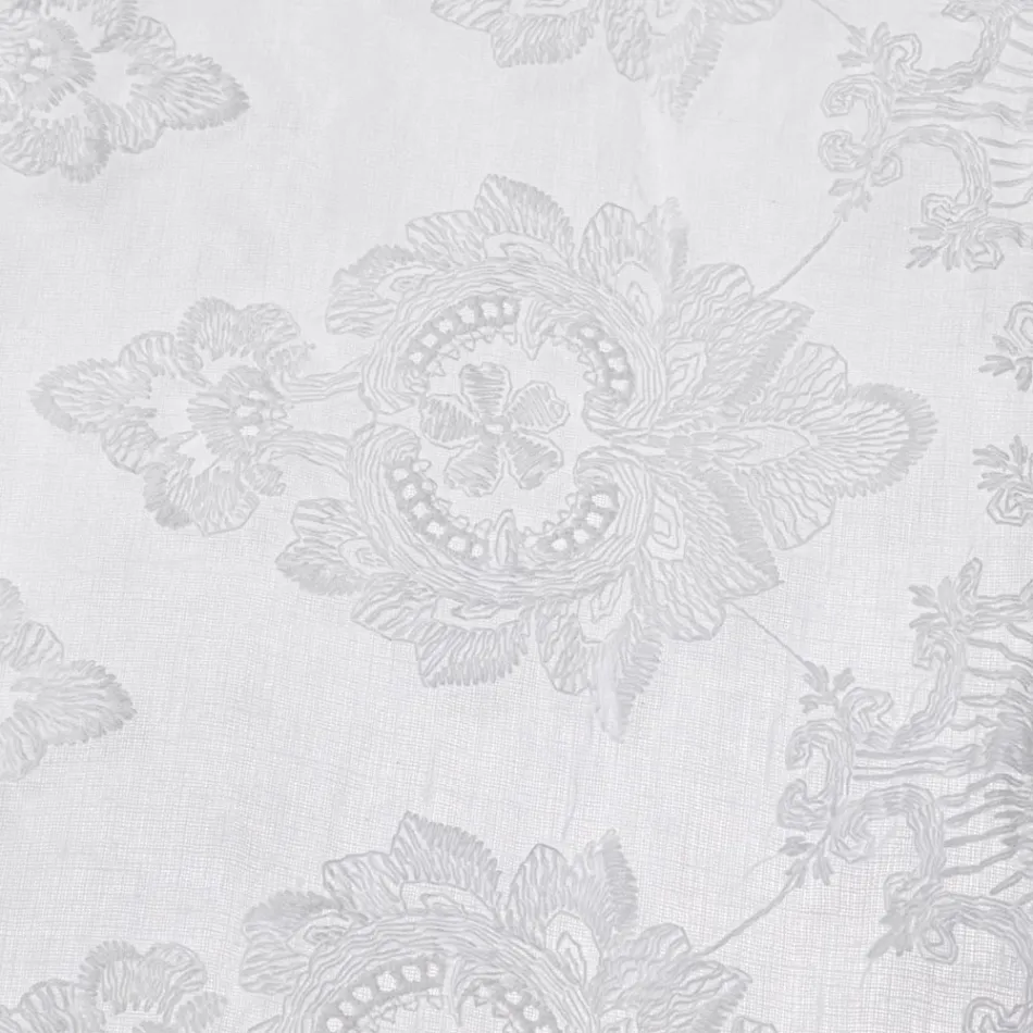 Tenda di Lino Leggero con Organza e Ricamo Bianca di Lusso Italiano - Marinella Viadurini