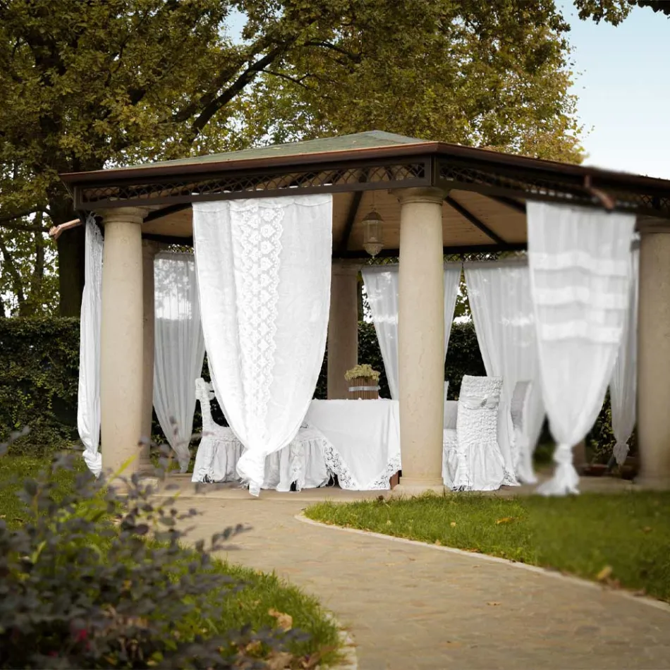 Tenda di Lino Retro Leggero con Organza e Ricamo di Lusso Italiano - Marinella Viadurini