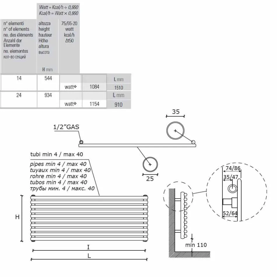 Termoarredo Idraulico Design a Parete in Varie Misure fino a 1154 W - Pinguino Viadurini