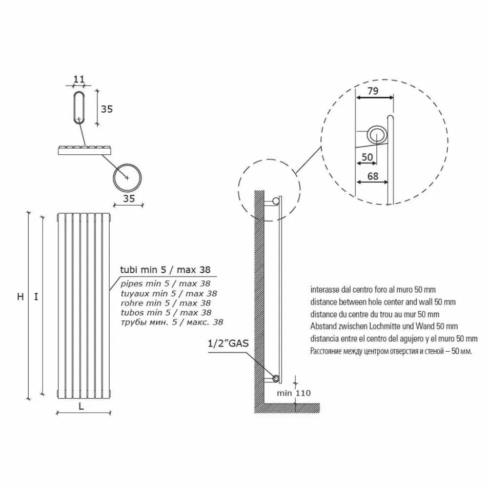 Termoarredo Idraulico Verticale a Parete Design Moderno fino 1224 Watt - Regolo Viadurini
