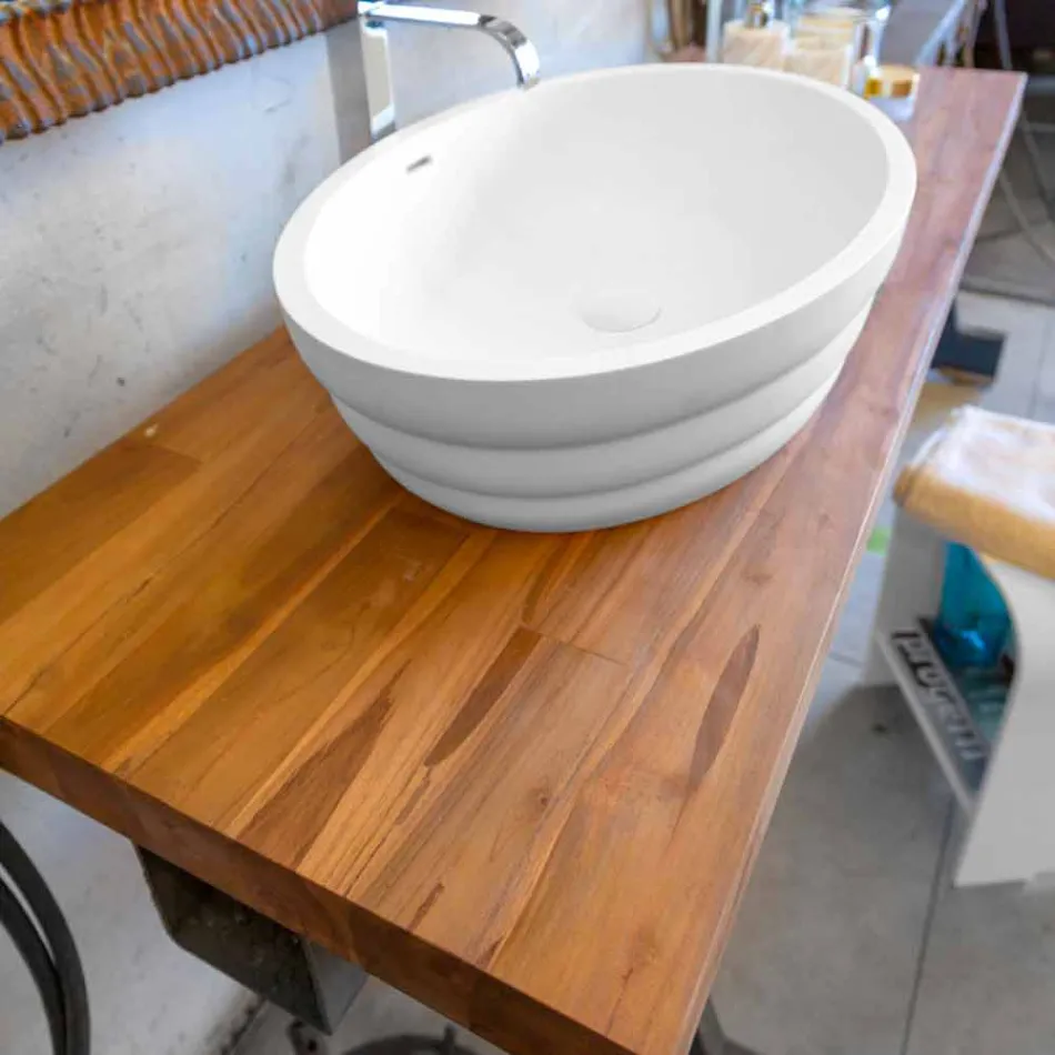 Top appoggio lavabo sospeso da bagno in teak listellare Norcia Viadurini