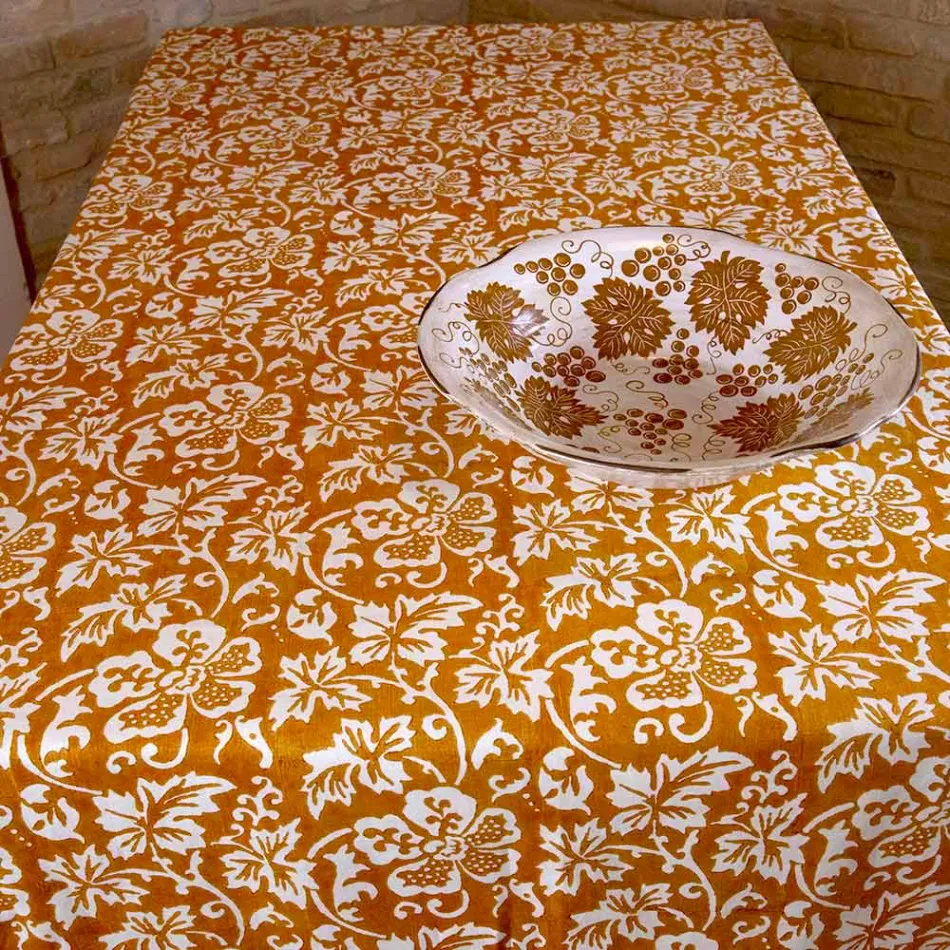 Tovaglia d’Artigianato Italiano 100% Lino con Stampa a Mano Pezzo Unico - Marchi Viadurini