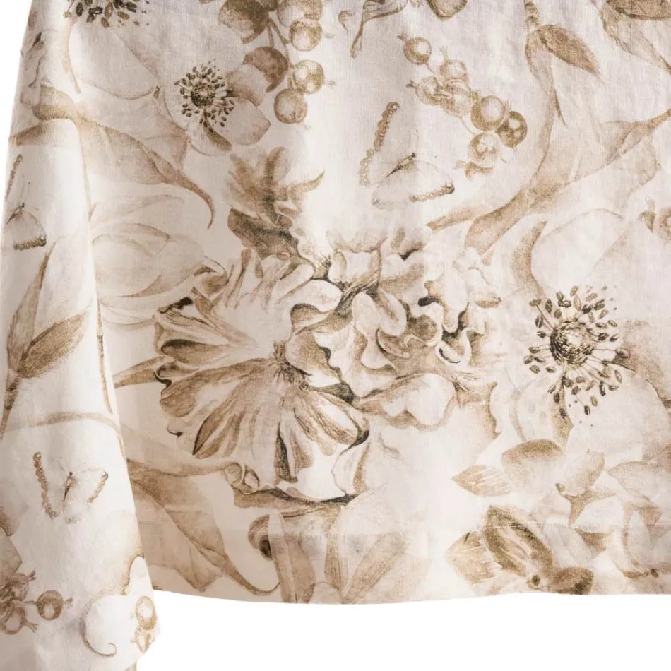 Tovaglia in Lino Stampato e Lavato in Capo dal Rigoglioso Disegno Floreale - Caress Viadurini