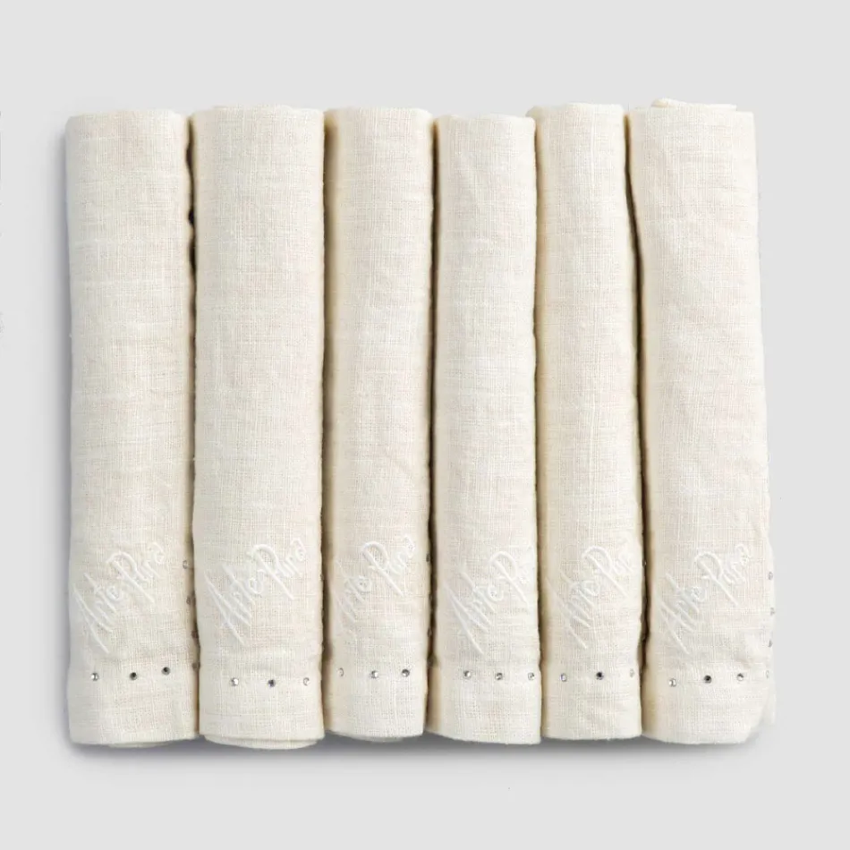Tovaglioli in Lino con Cristalli Nero o Burro, 6 Pezzi Lusso Italiano - Prezio Viadurini